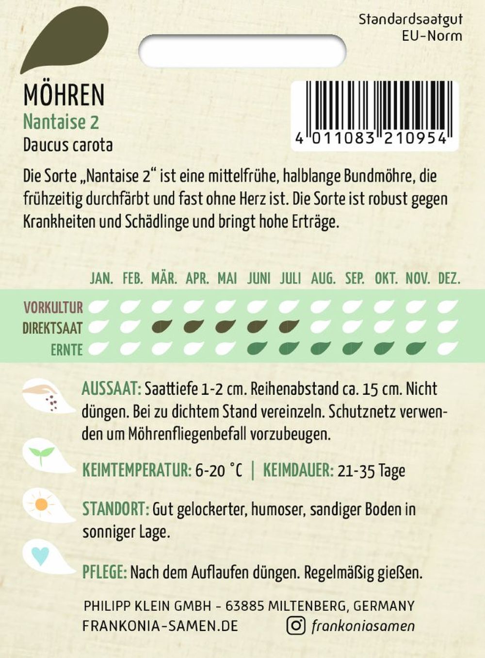 Rückseite der Verpackung des Saatgutes Möhre, Nantaise 2 der Firma Frankonia Samen von ihrgartenberater.de