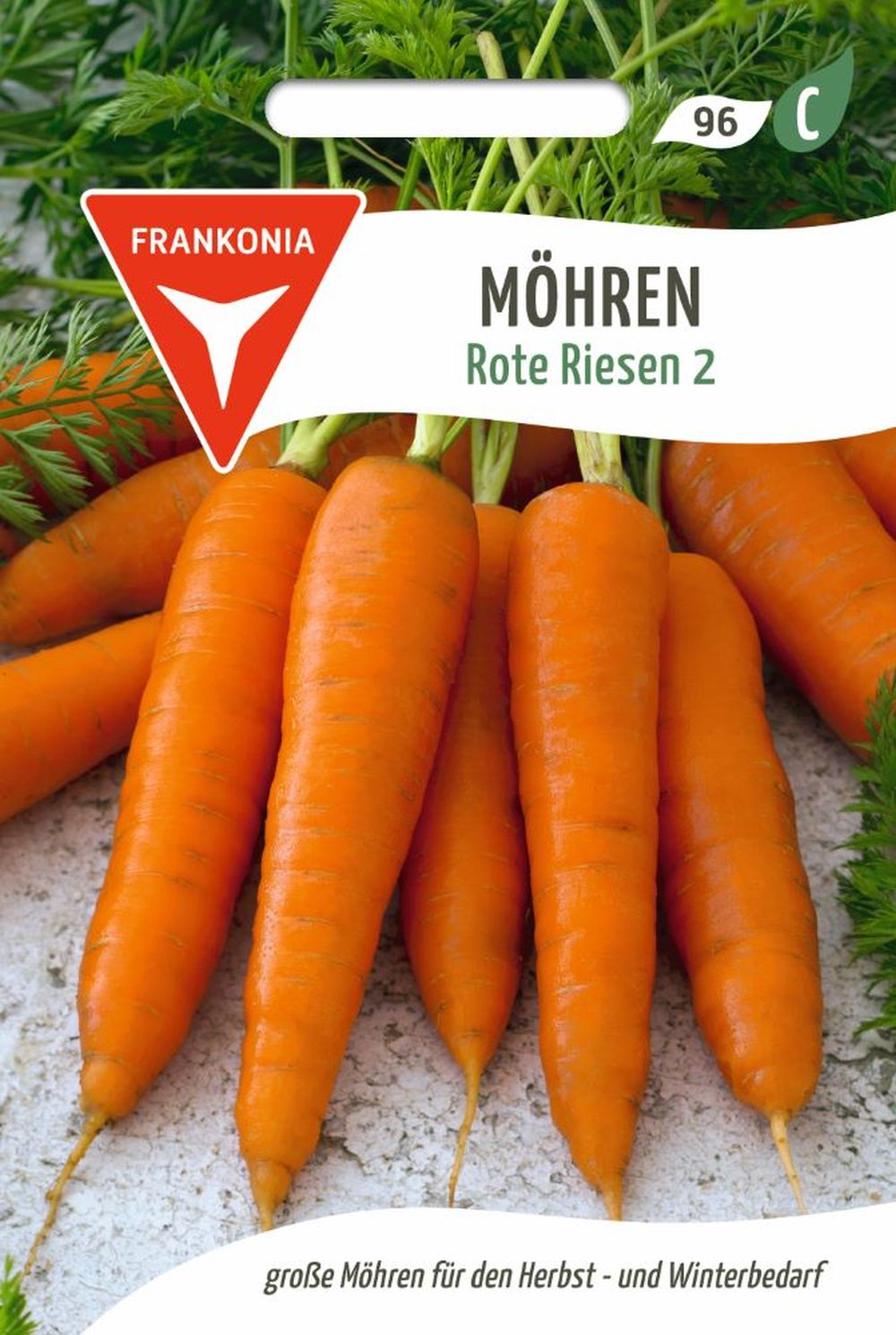 Vorderseite der Verpackung des Saatgutes Möhre, Rote Riesen 2 der Firma Frankonia Samen von ihrgartenberater.de