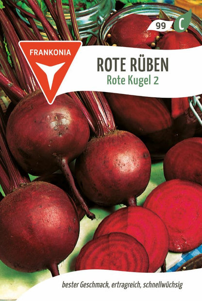 Vorderseite der Verpackung des Saatgutes Rote Rübe, Rote Kugel 2 der Firma Frankonia Samen von ihrgartenberater.de