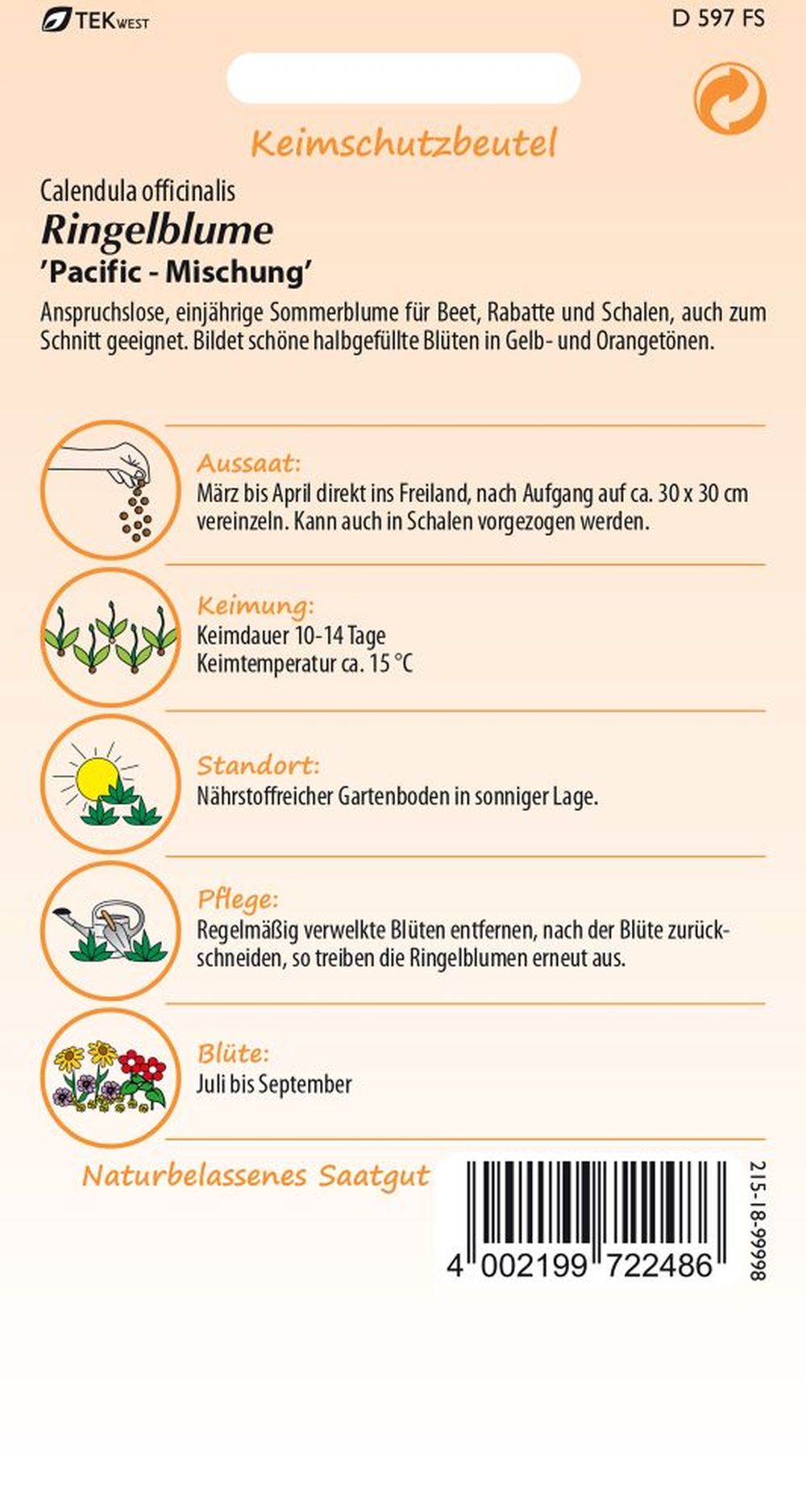 Rückseite der Verpackung des Saatgutes Ringelblume, Mischung der Firma Samen Pfann von ihrgartenberater.de