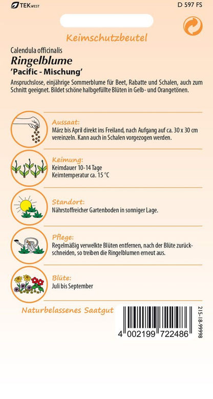 Rückseite der Verpackung des Saatgutes Ringelblume, Mischung der Firma Samen Pfann von ihrgartenberater.de