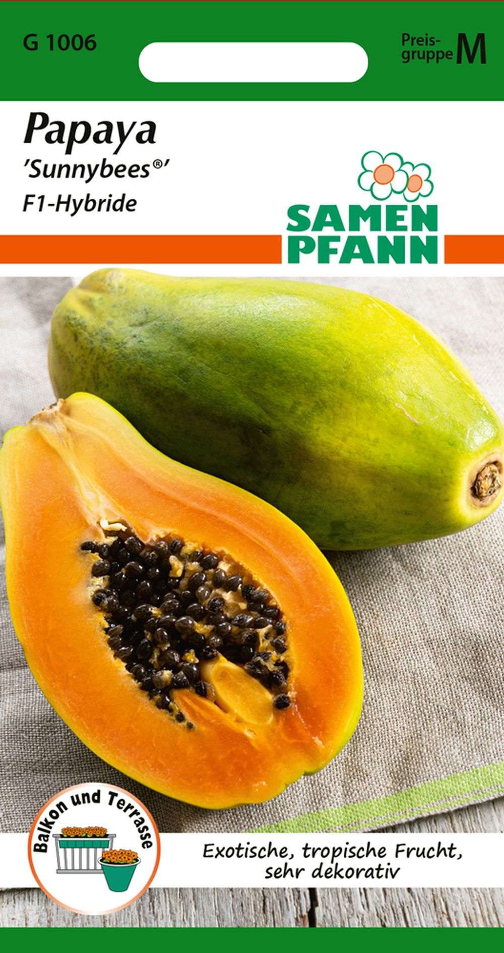 Vorderseite der Verpackung des Saatgutes Papaya, Sunnybees® F1 der Firma Samen Pfann von ihrgartenberater.de