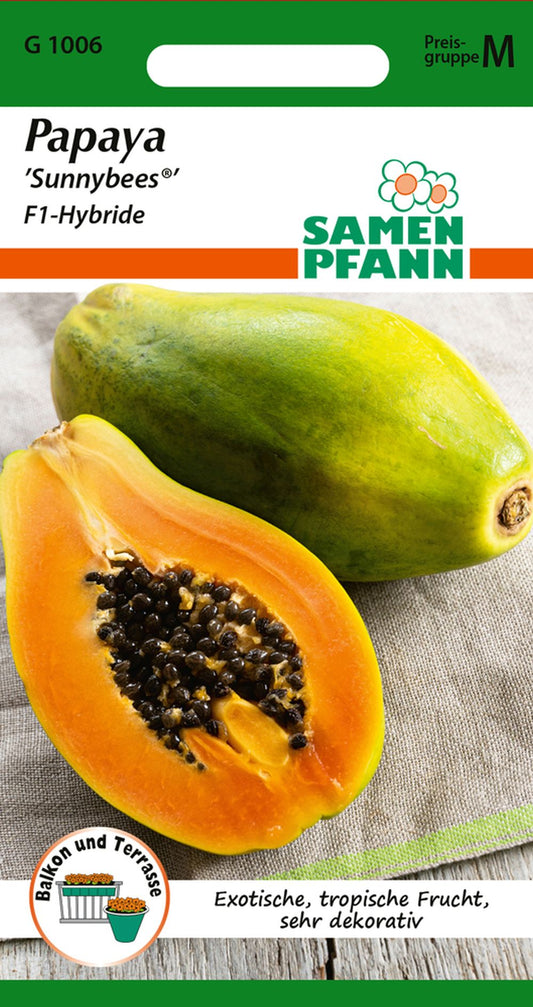 Vorderseite der Verpackung des Saatgutes Papaya, Sunnybees® F1 der Firma Samen Pfann von ihrgartenberater.de