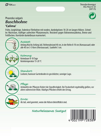 Rückseite der Verpackung des Saatgutes Buschbohne, Calima (Filetbohne) der Firma Samen Pfann von ihrgartenberater.de