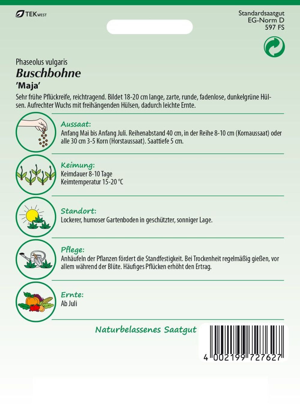 Rückseite der Verpackung des Saatgutes Buschbohne, Maja der Firma Samen Pfann von ihrgartenberater.de