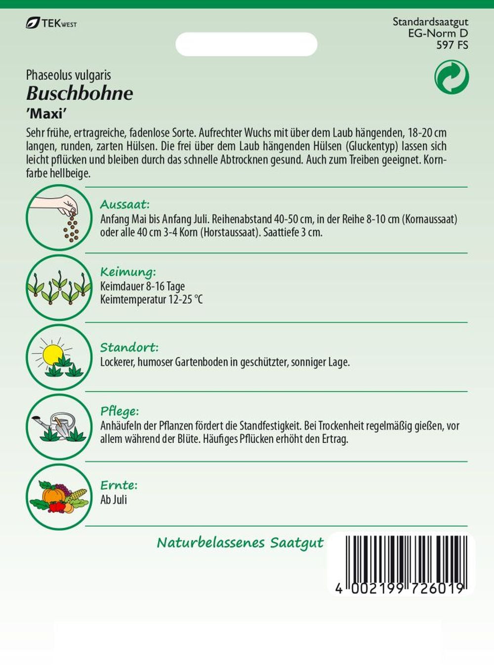 Rückseite der Verpackung des Saatgutes Buschbohne, Maxi der Firma Samen Pfann von ihrgartenberater.de