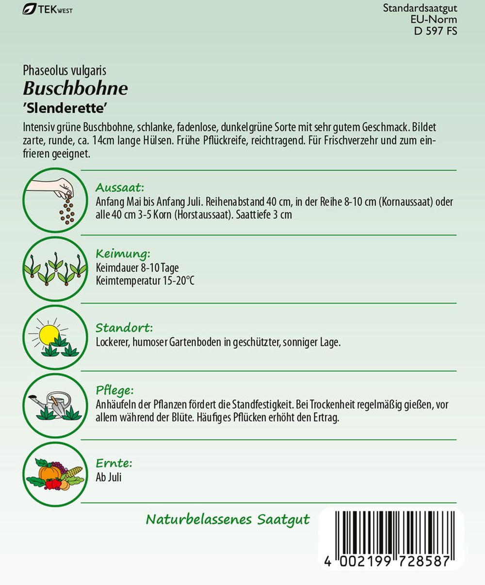 Rückseite der Verpackung des Saatgutes Buschbohne, Slenderette der Firma Samen Pfann von ihrgartenberater.de