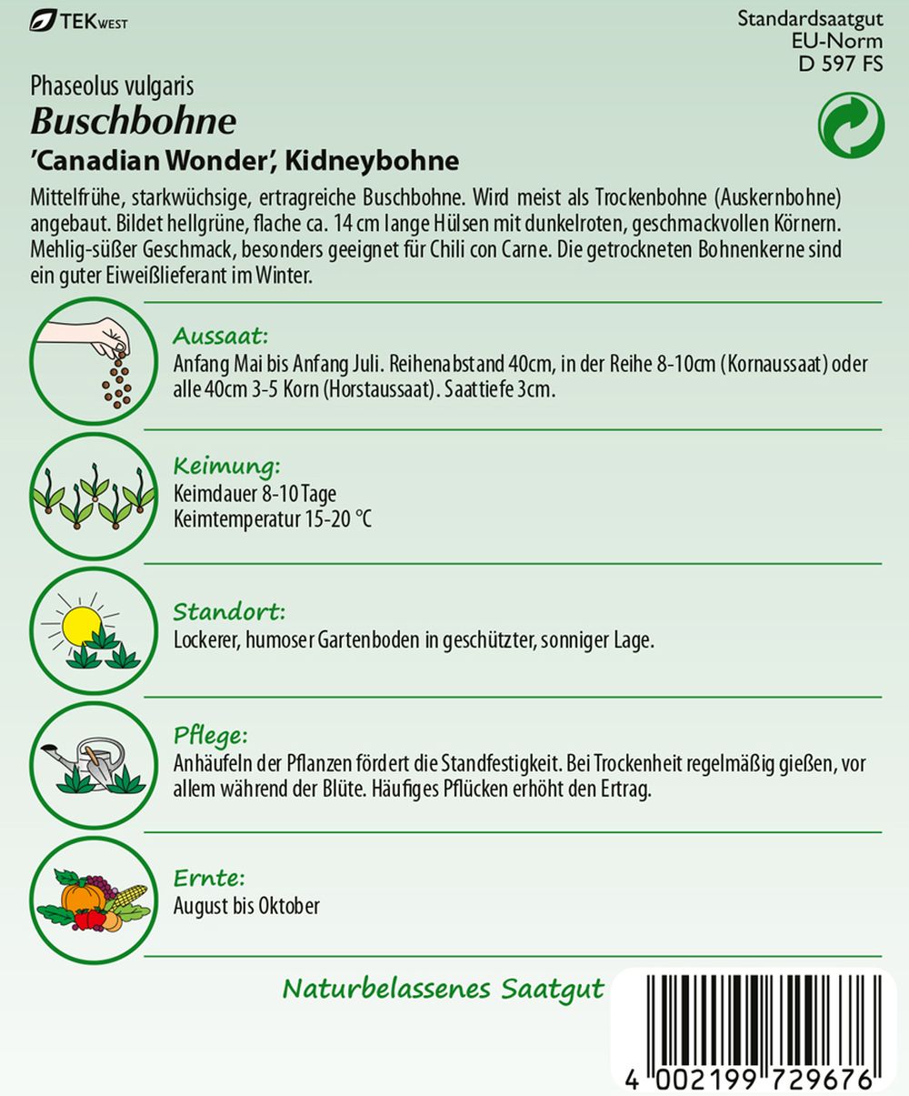 Rückseite der Verpackung des Saatgutes Buschbohne, Canadian Wonder der Firma Samen Pfann von ihrgartenberater.de