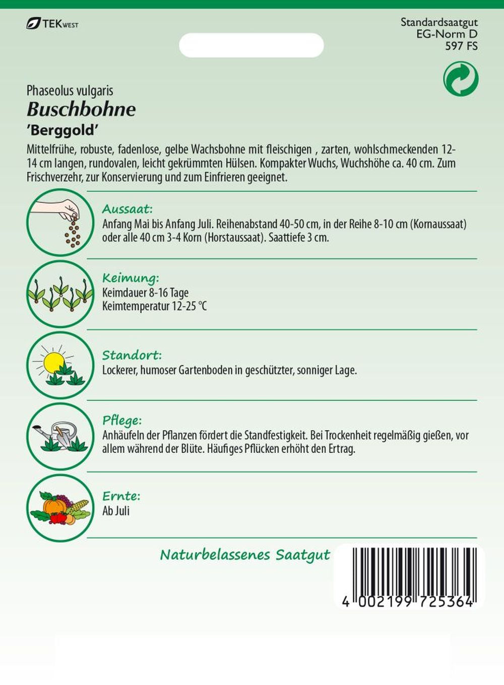 Rückseite der Verpackung des Saatgutes Buschbohne, Berggold der Firma Samen Pfann von ihrgartenberater.de