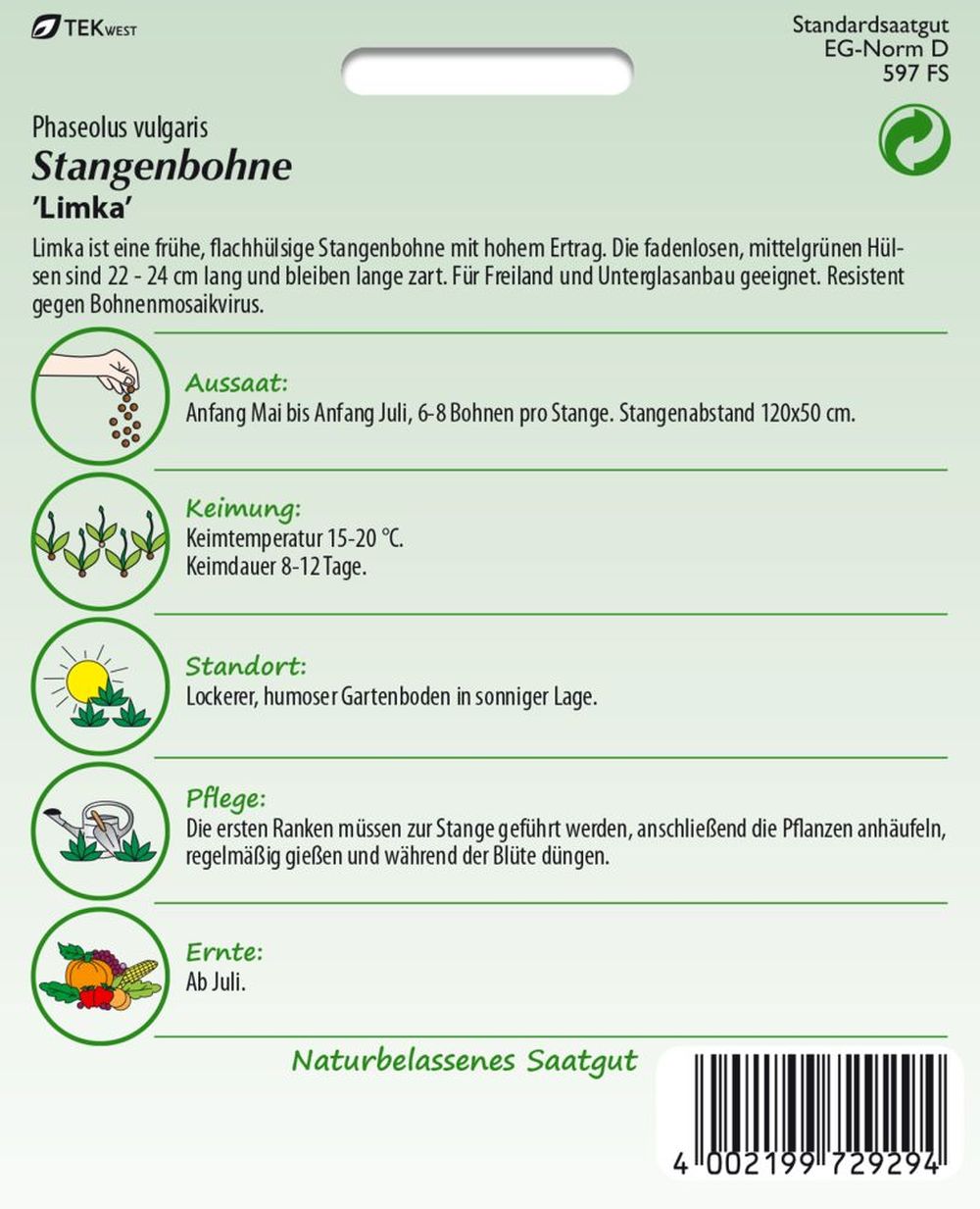 Rückseite der Verpackung des Saatgutes Stangenbohne, Limka der Firma Samen Pfann von ihrgartenberater.de