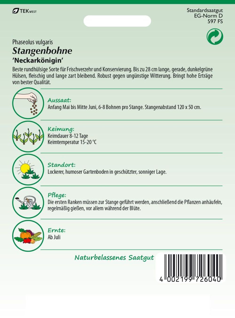 Rückseite der Verpackung des Saatgutes Stangenbohne, Neckarkönigin der Firma Samen Pfann von ihrgartenberater.de