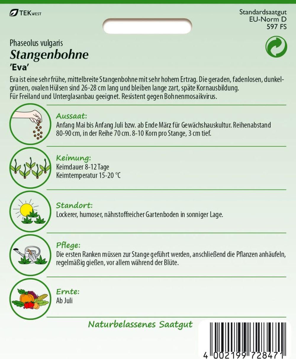 Rückseite der Verpackung des Saatgutes Stangenbohne, Eva der Firma Samen Pfann von ihrgartenberater.de