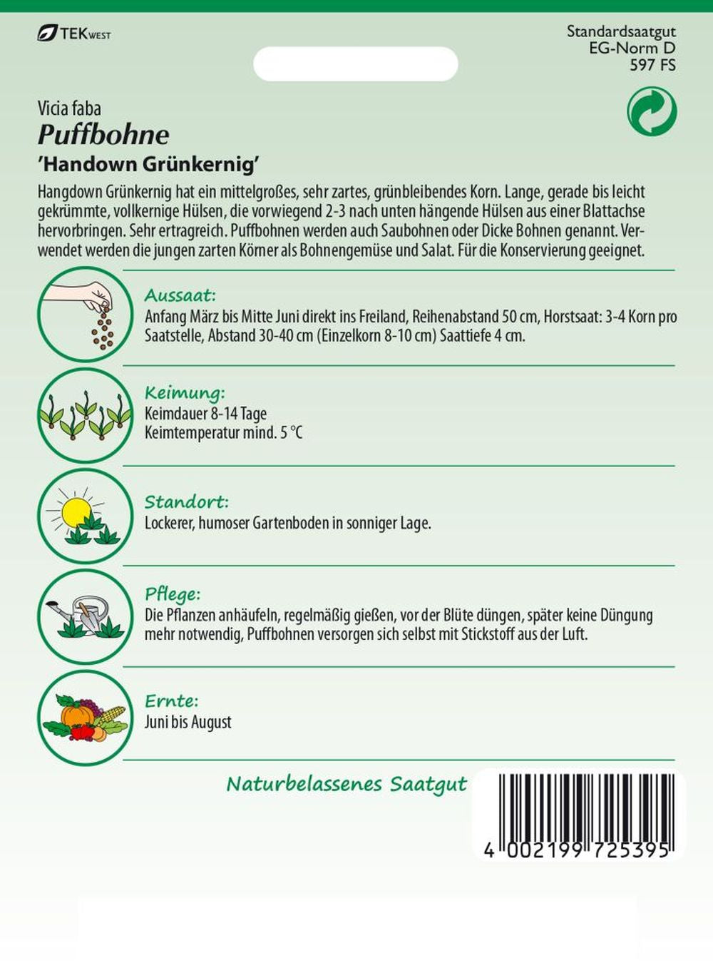 Rückseite der Verpackung des Saatgutes Puffbohne, Hangdown der Firma Samen Pfann von ihrgartenberater.de