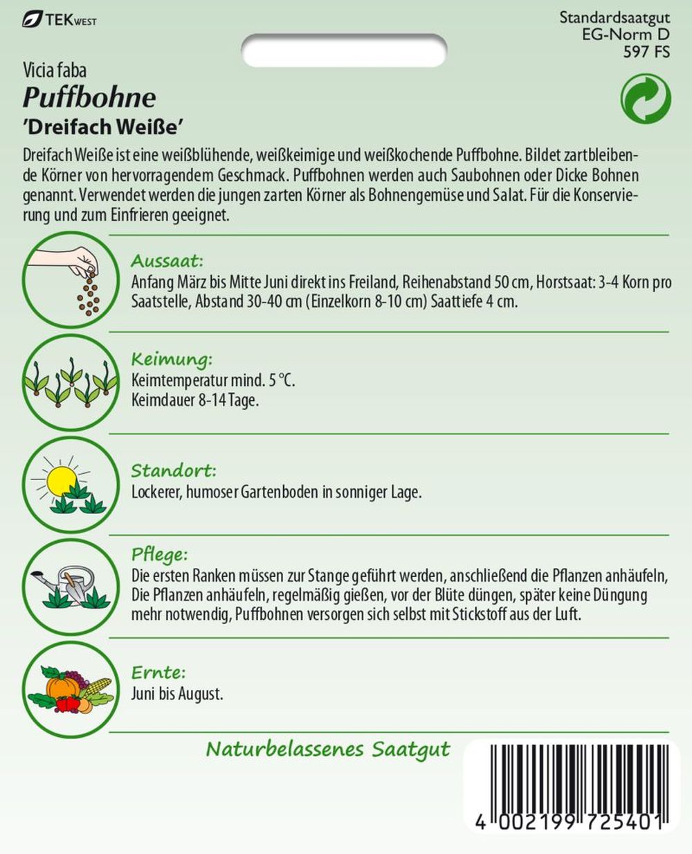 Rückseite der Verpackung des Saatgutes Puffbohne, Dreifach weiße der Firma Samen Pfann von ihrgartenberater.de