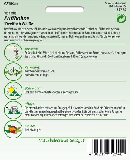 Rückseite der Verpackung des Saatgutes Puffbohne, Dreifach weiße der Firma Samen Pfann von ihrgartenberater.de