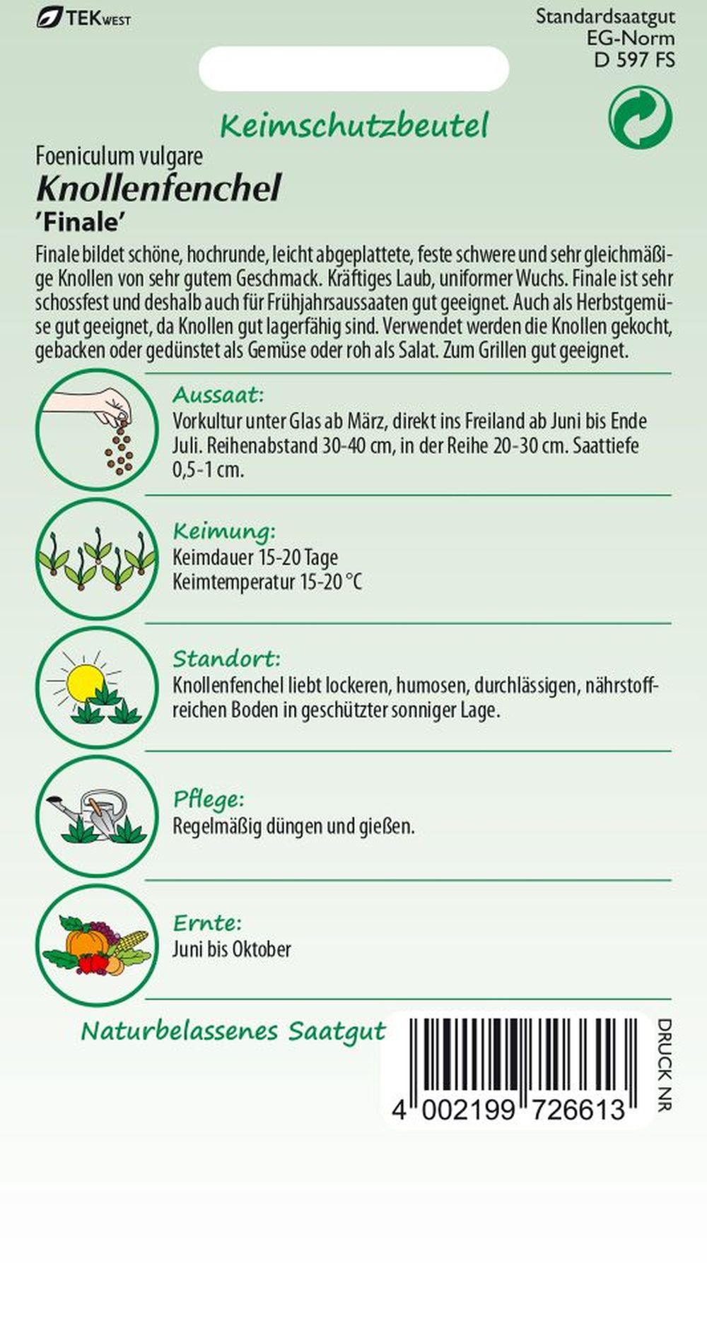 Rückseite der Verpackung des Saatgutes Knollenfenchel, Finale der Firma Samen Pfann von ihrgartenberater.de