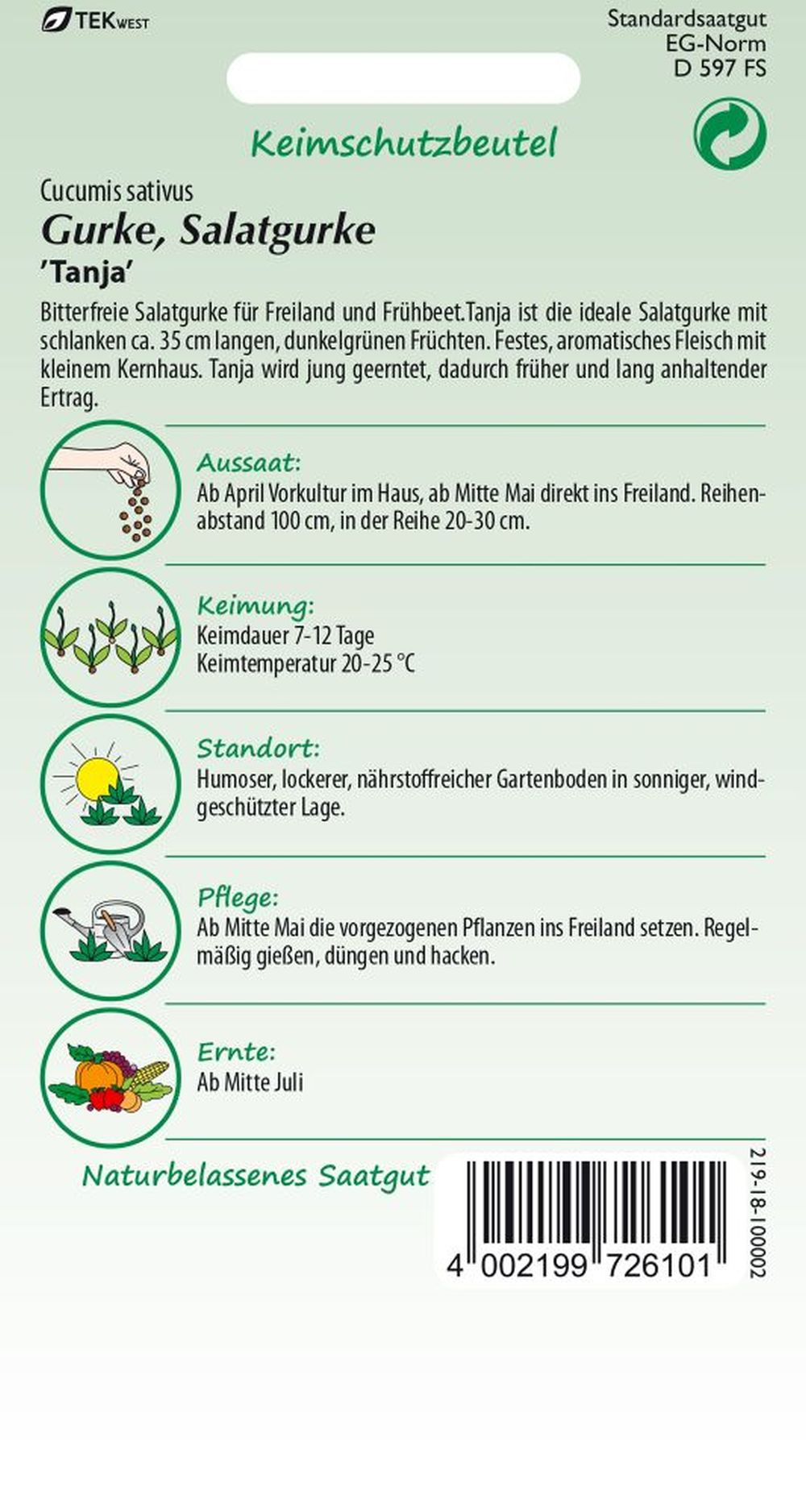 Rückseite der Verpackung des Saatgutes Salatgurke, Tanja der Firma Samen Pfann von ihrgartenberater.de