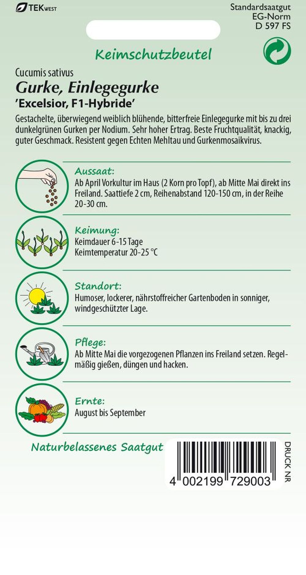 Rückseite der Verpackung des Saatgutes Einlegegurke, Excelsior F1 der Firma Samen Pfann von ihrgartenberater.de