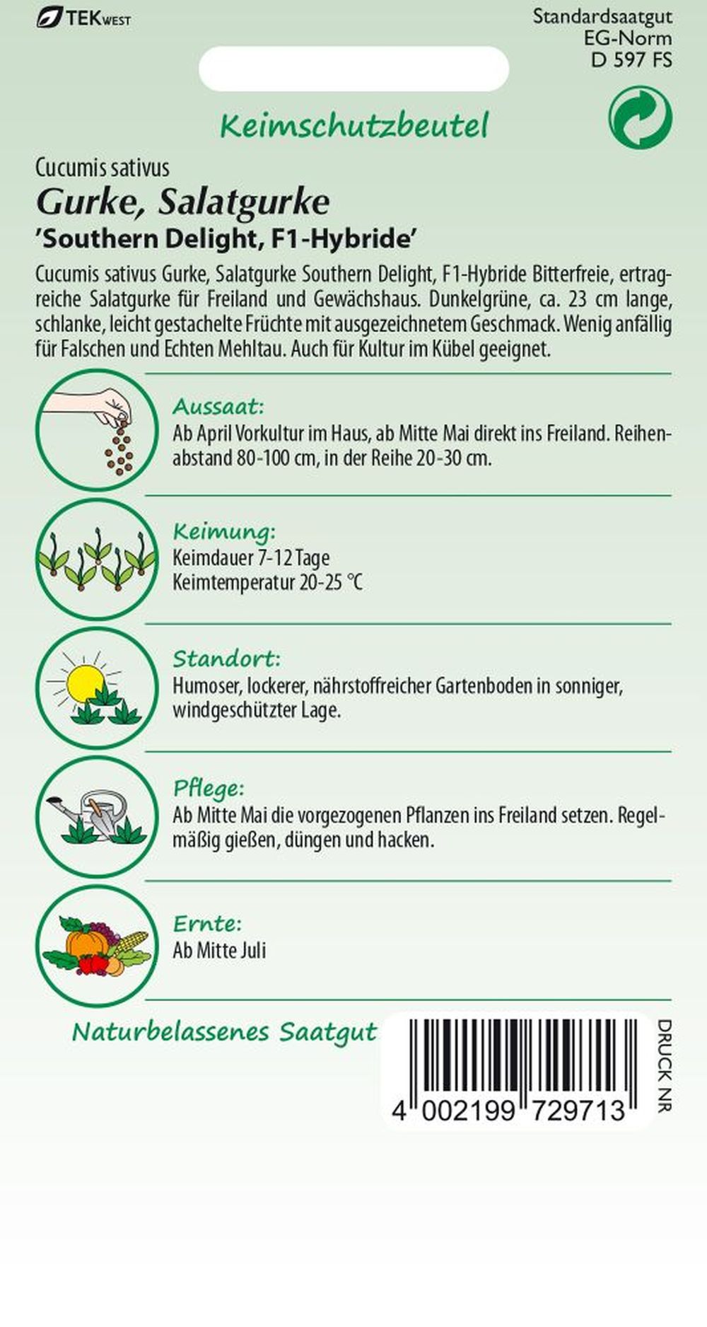 Rückseite der Verpackung des Saatgutes Salatgurke, Southern Delight F1 der Firma Samen Pfann von ihrgartenberater.de