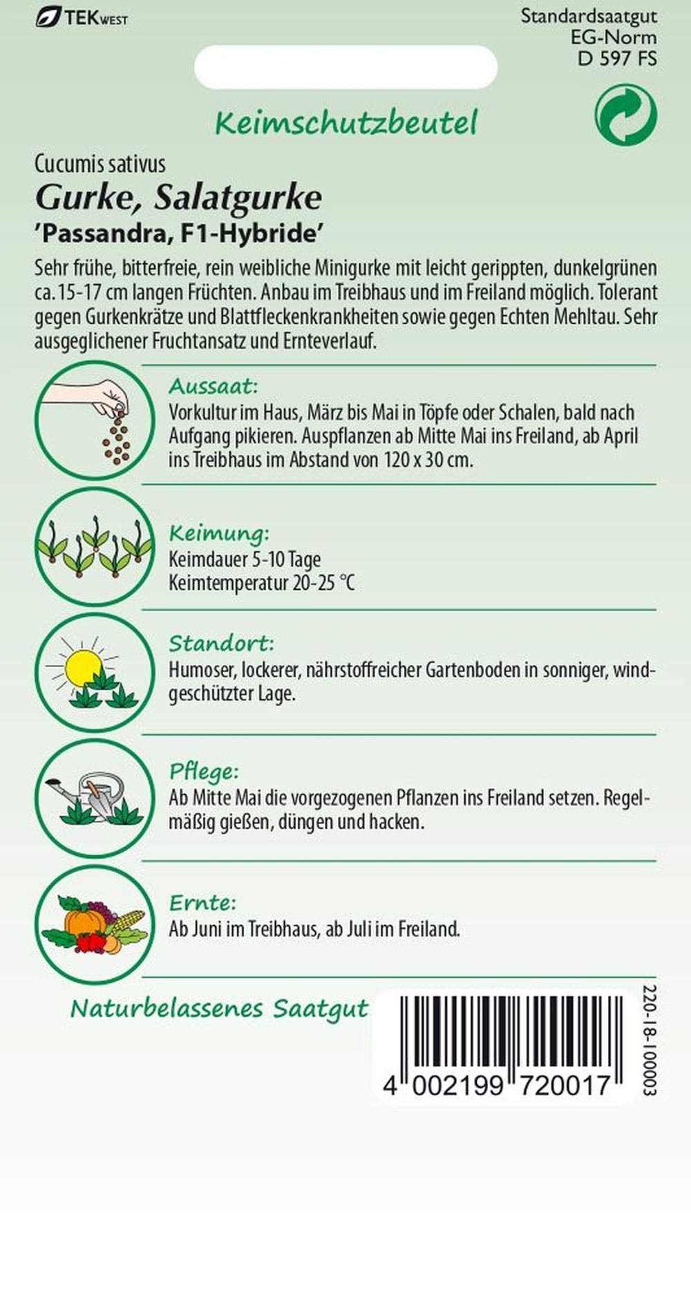 Rückseite der Verpackung des Saatgutes Salatgurke, Minigurke, Passandra der Firma Samen Pfann von ihrgartenberater.de