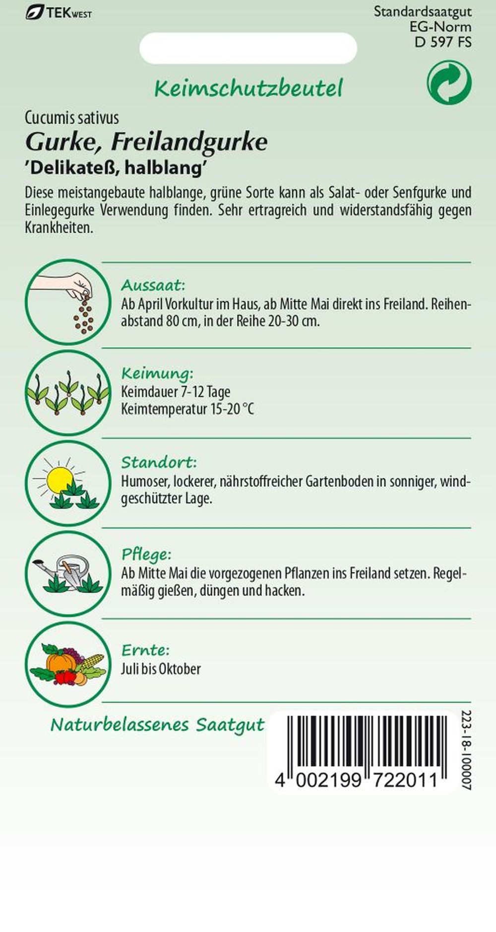 Rückseite der Verpackung des Saatgutes Einlegegurke, Delikateß der Firma Samen Pfann von ihrgartenberater.de