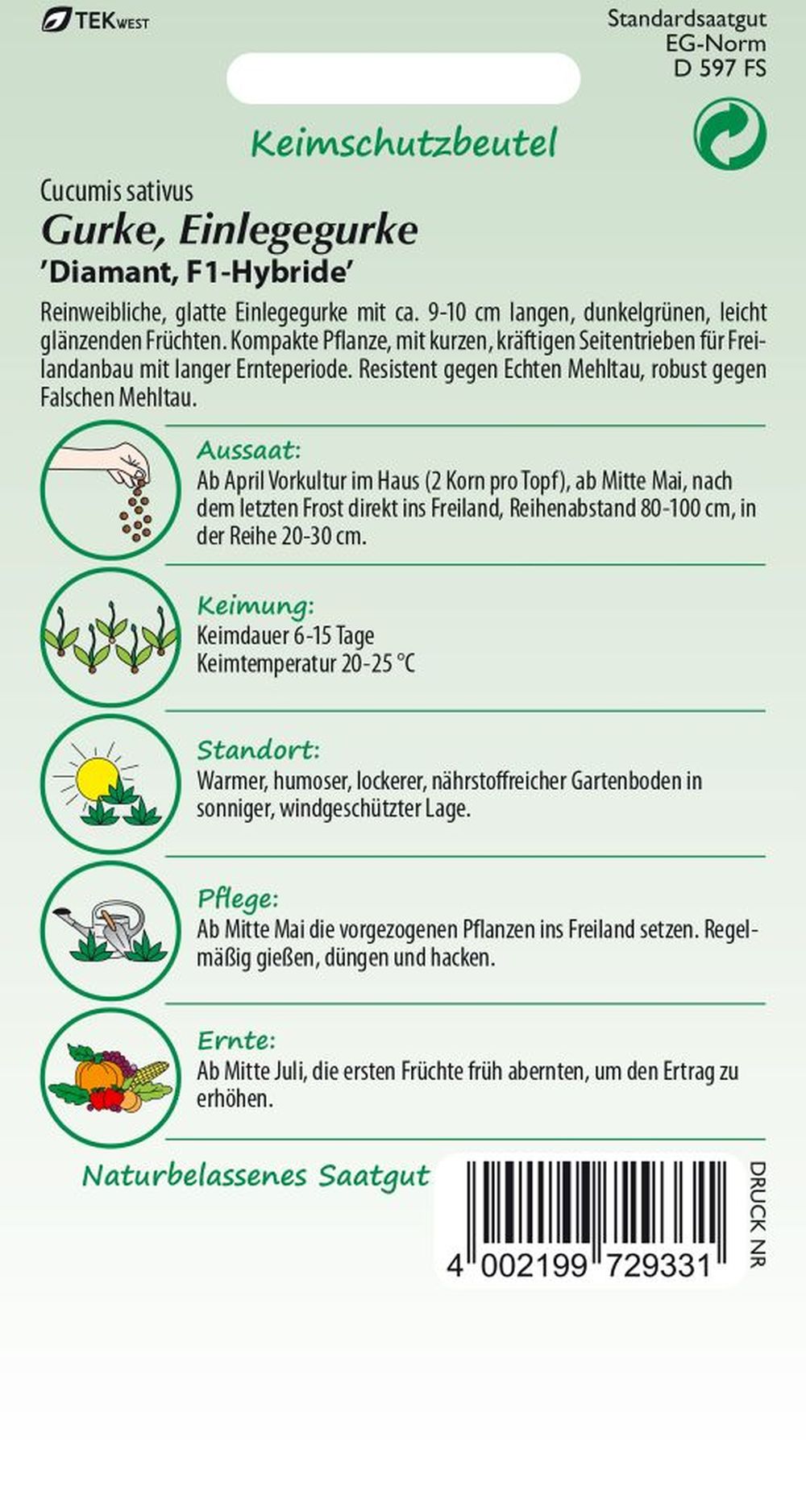 Rückseite der Verpackung des Saatgutes Einlegegurke, Diamant F1 der Firma Samen Pfann von ihrgartenberater.de