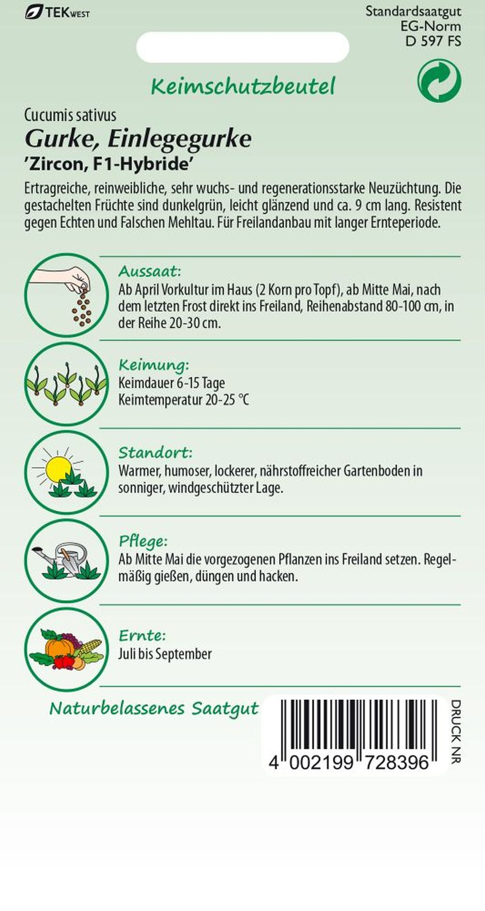 Rückseite der Verpackung des Saatgutes Einlegegurke, Zircon F1 der Firma Samen Pfann von ihrgartenberater.de