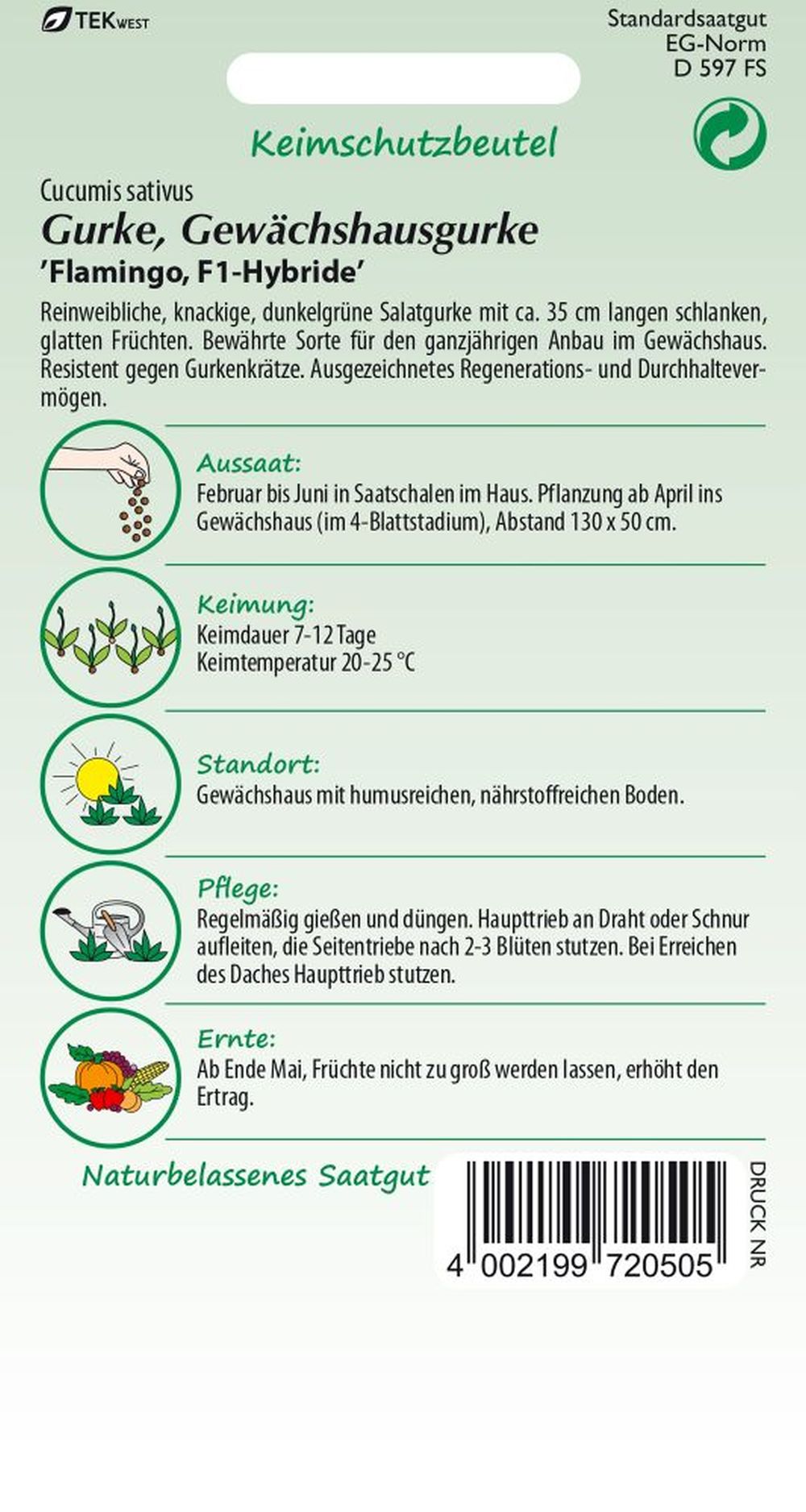 Rückseite der Verpackung des Saatgutes Salatgurke, Flamingo F1 der Firma Samen Pfann von ihrgartenberater.de