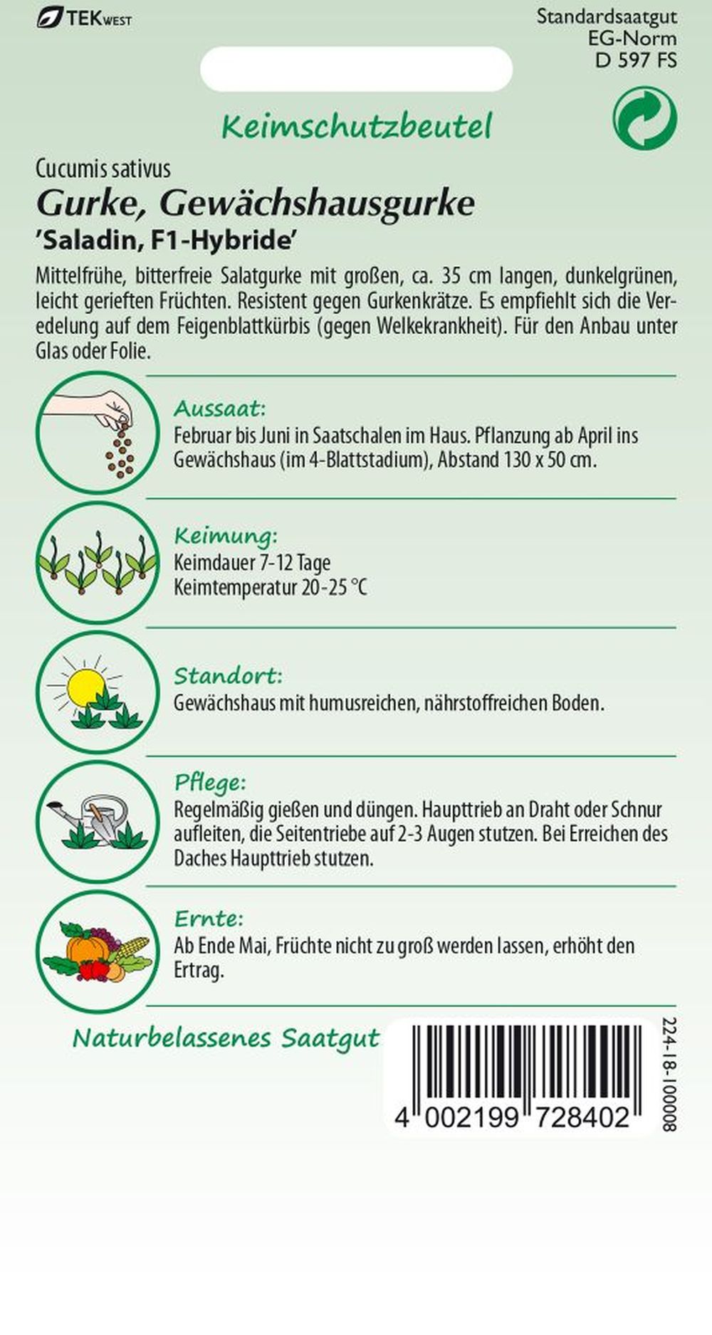 Rückseite der Verpackung des Saatgutes Salatgurke, Saladin F1 der Firma Samen Pfann von ihrgartenberater.de