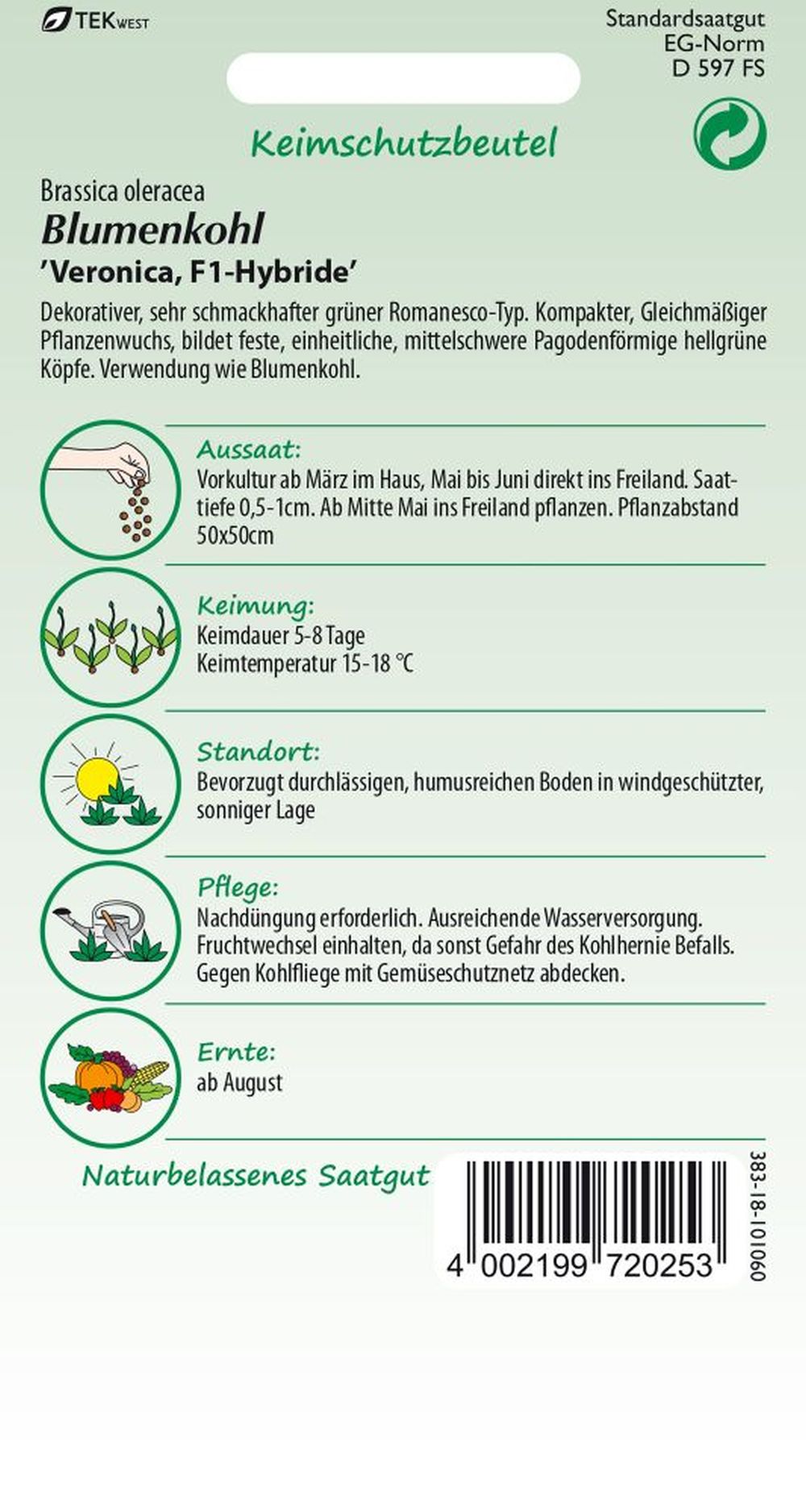 Rückseite der Verpackung des Saatgutes Blumenkohl, Veronica F1, Romanesco-Typ der Firma Samen Pfann von ihrgartenberater.de