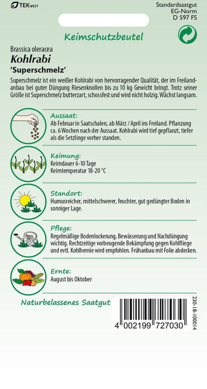 Rückseite der Verpackung des Saatgutes Kohlrabi, Superschmelz (Riesenkohlrabi) der Firma Samen Pfann von ihrgartenberater.de