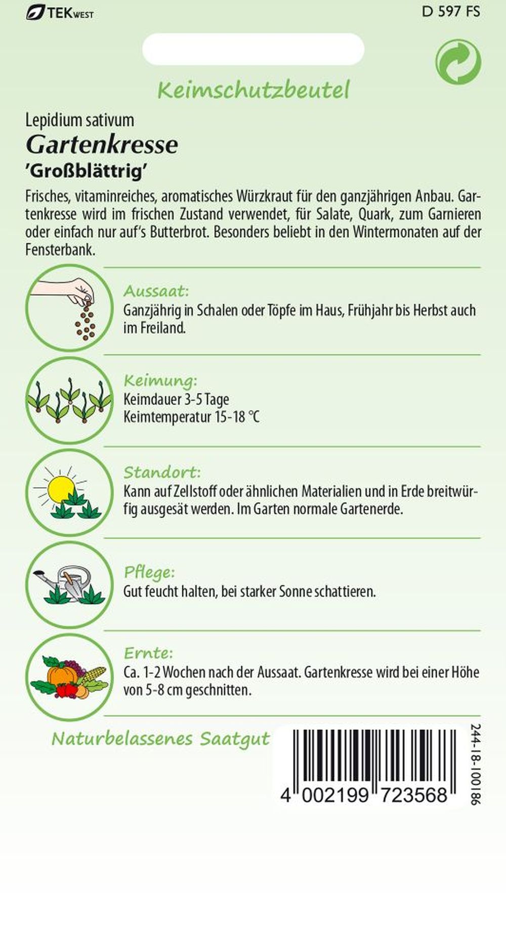 Rückseite der Verpackung des Saatgutes Gartenkresse, großblättrig der Firma Samen Pfann von ihrgartenberater.de