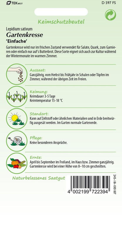 Rückseite der Verpackung des Saatgutes Gartenkresse Kleinpackung der Firma Samen Pfann von ihrgartenberater.de