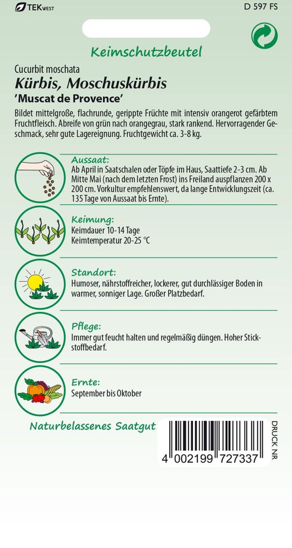 Rückseite der Verpackung des Saatgutes Kürbis, Muscat de Provence (Moschuskürbis) der Firma Samen Pfann von ihrgartenberater.de