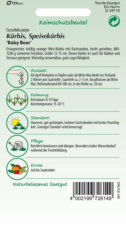 Rückseite der Verpackung des Saatgutes Kürbis, Minikürbis, Baby Bear der Firma Samen Pfann von ihrgartenberater.de