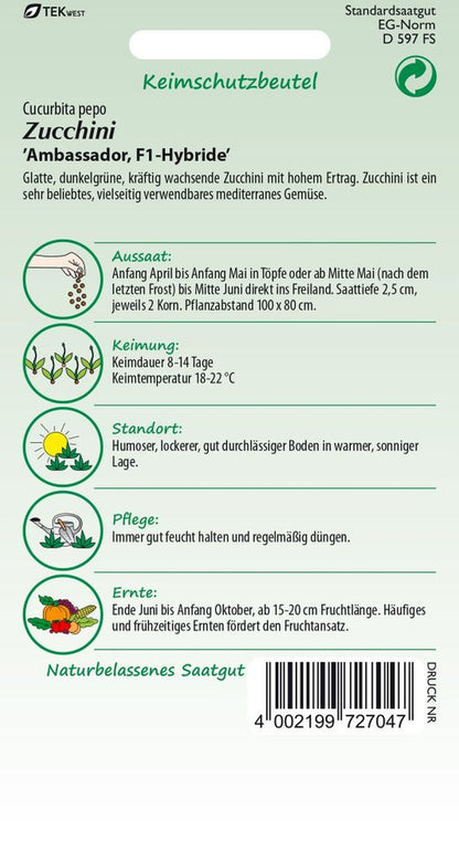 Rückseite der Verpackung des Saatgutes Zucchini, Ambassador der Firma Samen Pfann von ihrgartenberater.de