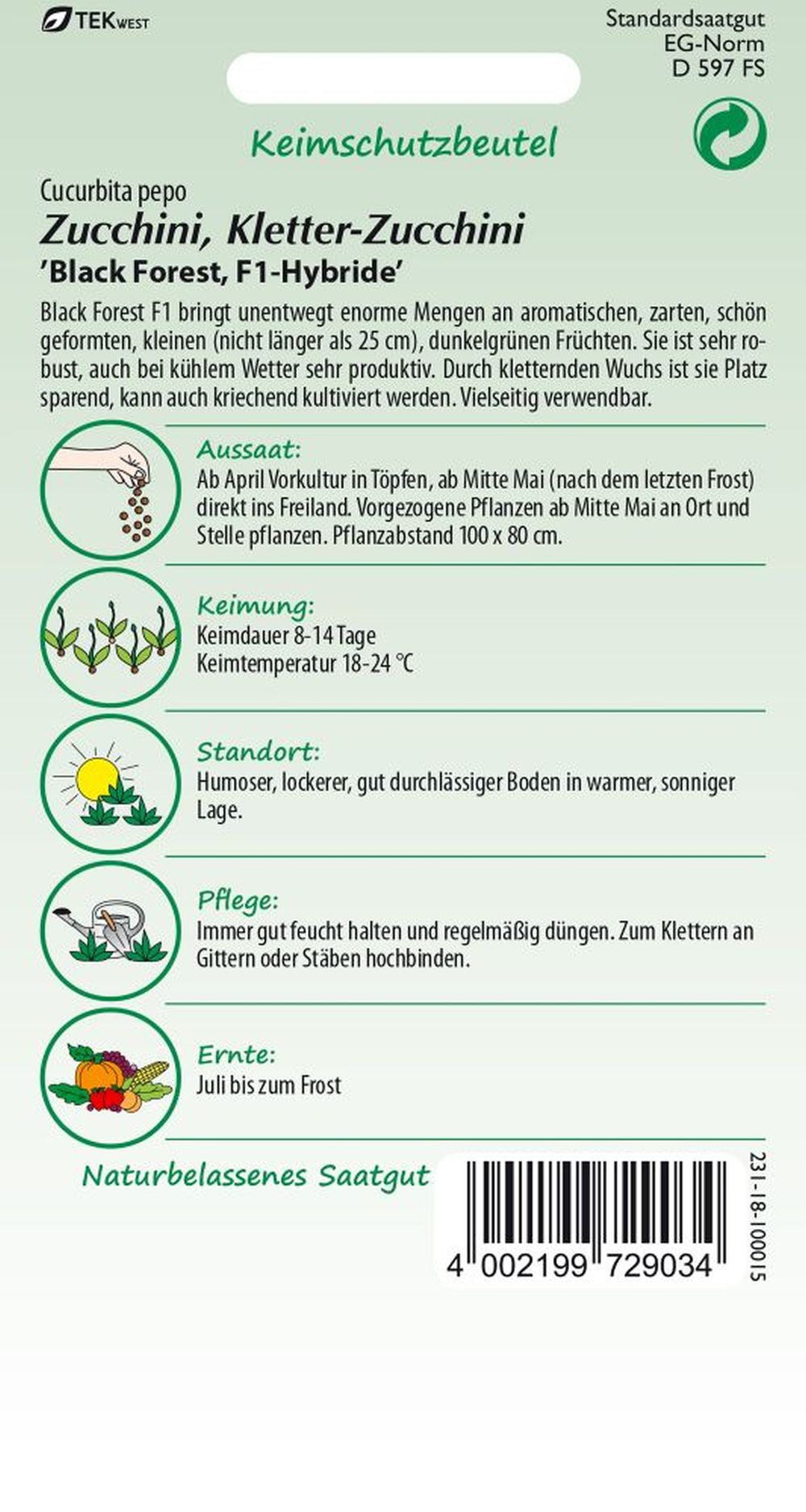 Rückseite der Verpackung des Saatgutes Zucchini, Black Forest F1 (Kletterzucchini) der Firma Samen Pfann von ihrgartenberater.de