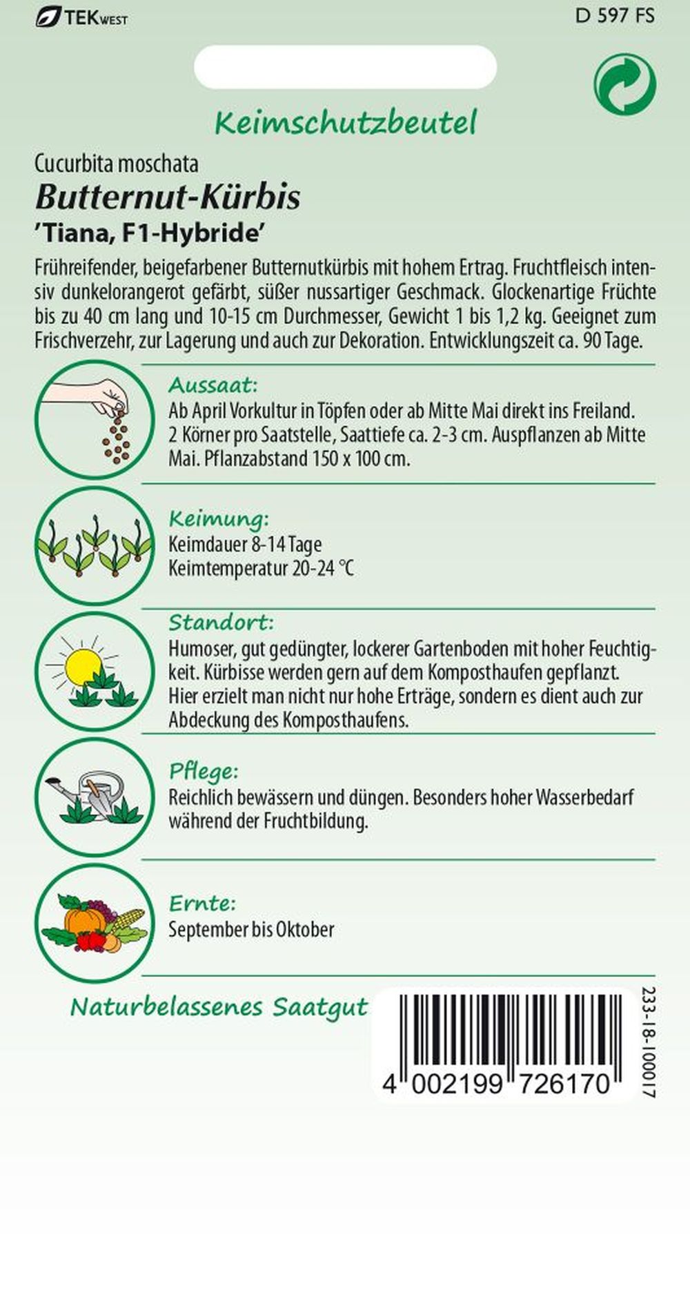 Rückseite der Verpackung des Saatgutes Butternut-Kürbis, Tiana F1 der Firma Samen Pfann von ihrgartenberater.de