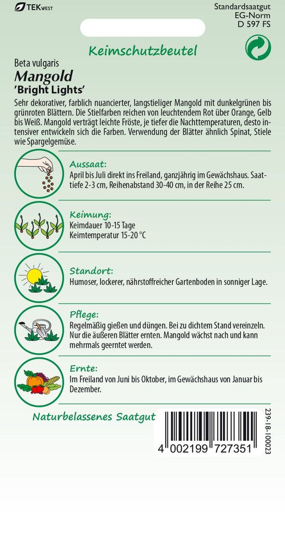 Rückseite der Verpackung des Saatgutes Mangold, Bright Lights der Firma Samen Pfann von ihrgartenberater.de