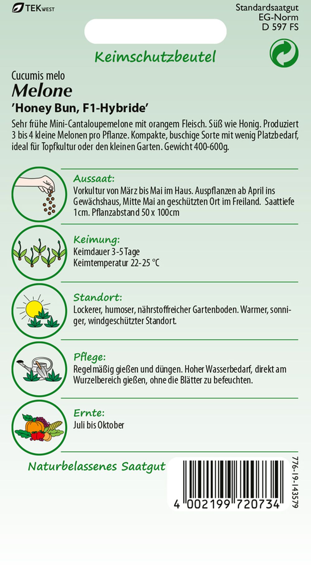 Rückseite der Verpackung des Saatgutes Honig-Melone, Honey Bun F1 der Firma Samen Pfann von ihrgartenberater.de