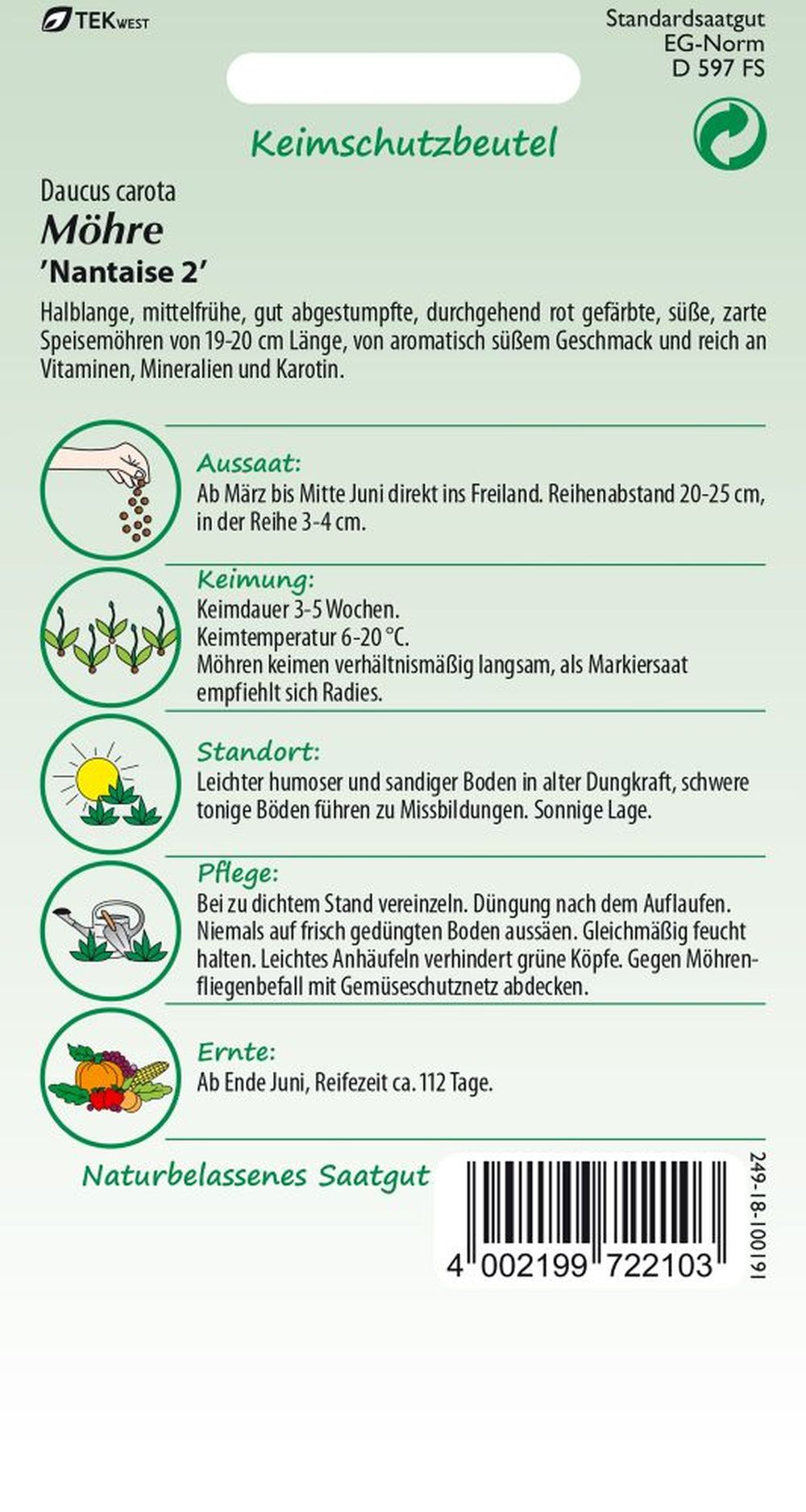 Rückseite der Verpackung des Saatgutes Möhre, Nantaise 2 Kleinpackung der Firma Samen Pfann von ihrgartenberater.de