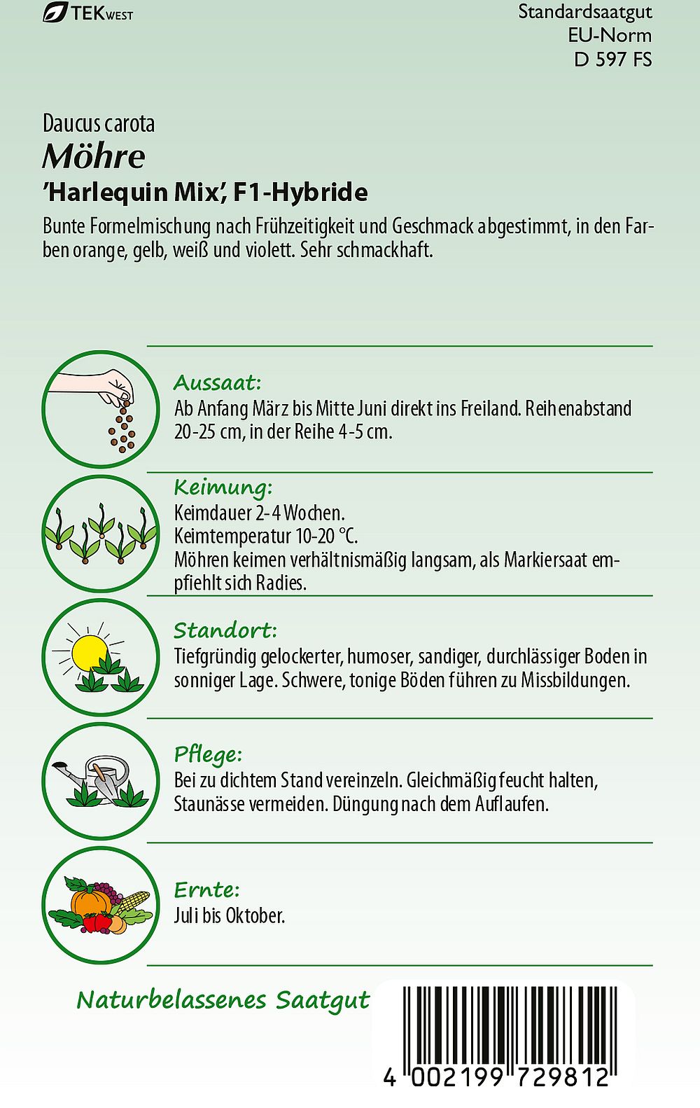 Rückseite der Verpackung des Saatgutes Möhre, Harlequin Mix F1 der Firma Samen Pfann von ihrgartenberater.de