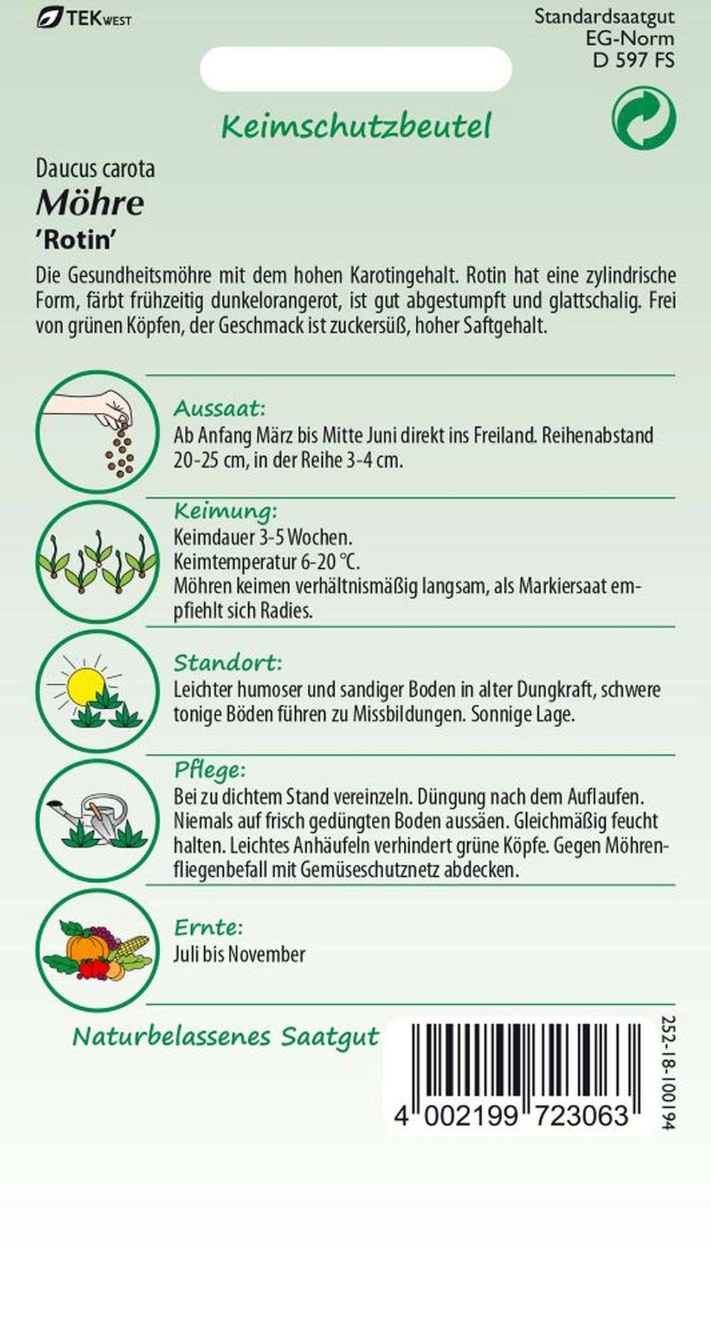 Rückseite der Verpackung des Saatgutes Möhre, Rotin der Firma Samen Pfann von ihrgartenberater.de