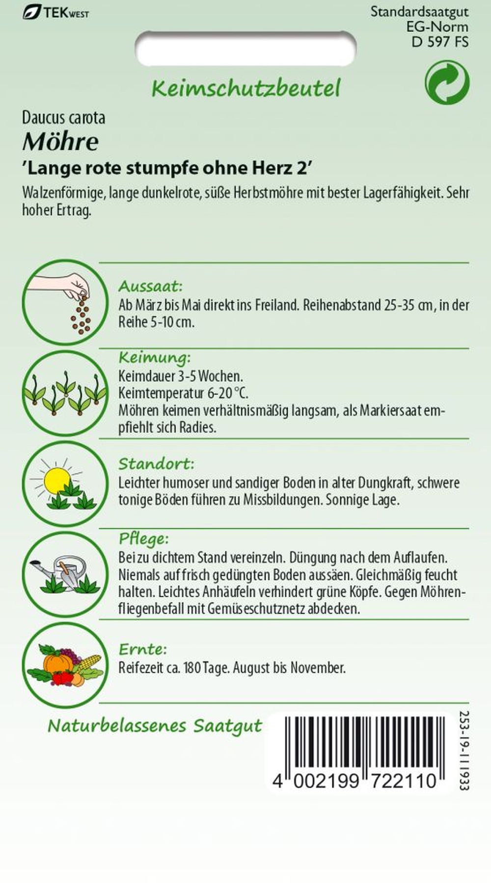 Rückseite der Verpackung des Saatgutes Möhre, Lange rote Stumpfe ohne Herz Kleinpackung der Firma Samen Pfann von ihrgartenberater.de