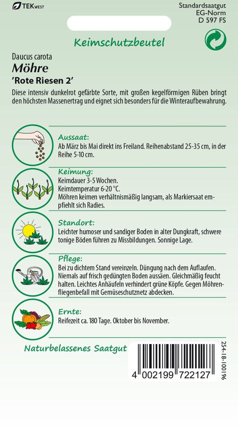 Rückseite der Verpackung des Saatgutes Möhre, Rote Riesen 2 der Firma Samen Pfann von ihrgartenberater.de