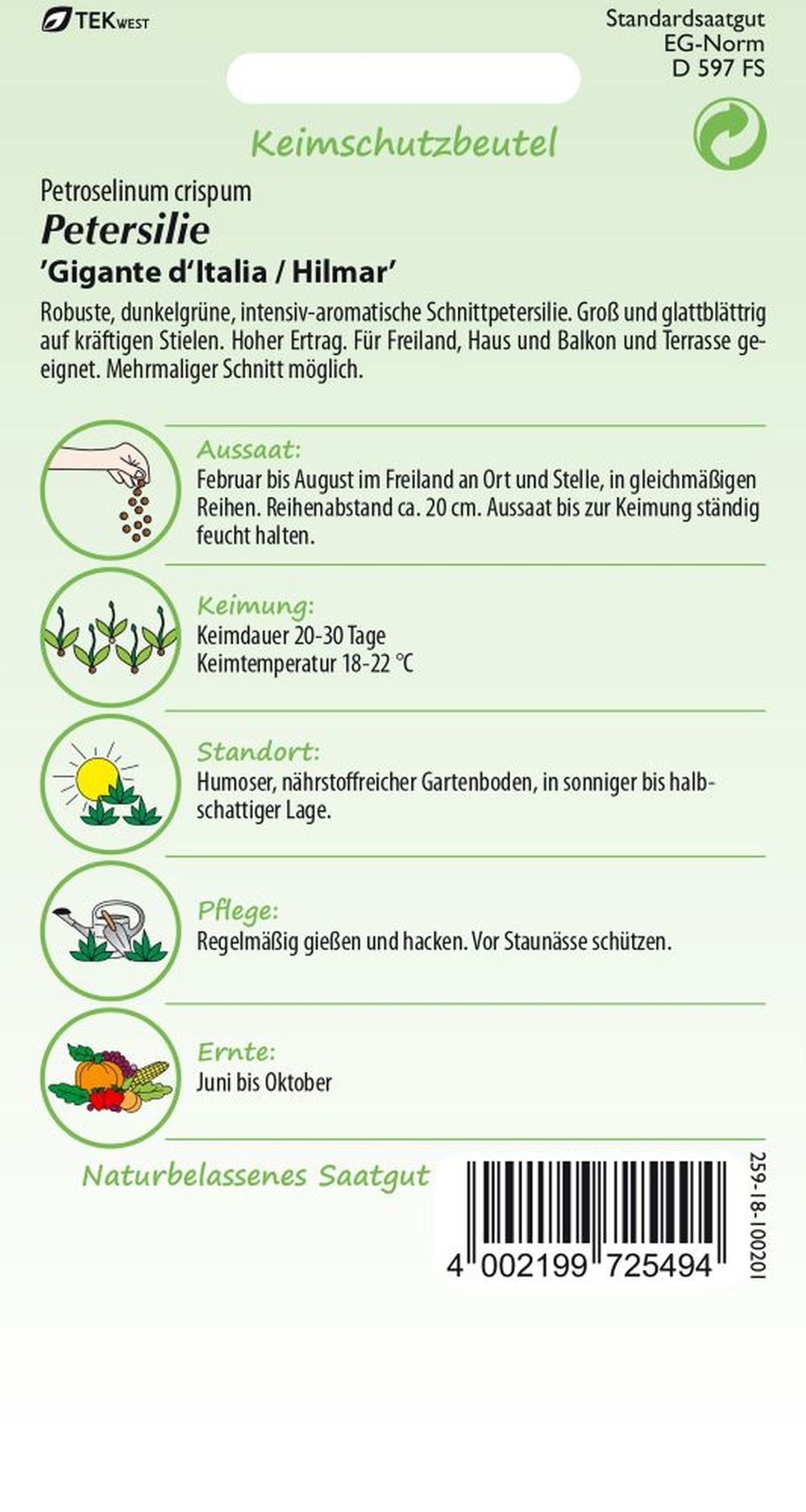 Rückseite der Verpackung des Saatgutes Petersilie, Gigante d`Italia Kleinpackung der Firma Samen Pfann von ihrgartenberater.de