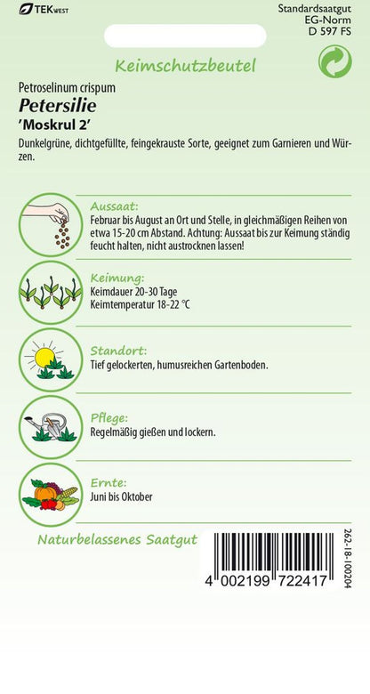 Rückseite der Verpackung des Saatgutes Petersilie, Mooskrause Kleinpackung der Firma Samen Pfann von ihrgartenberater.de