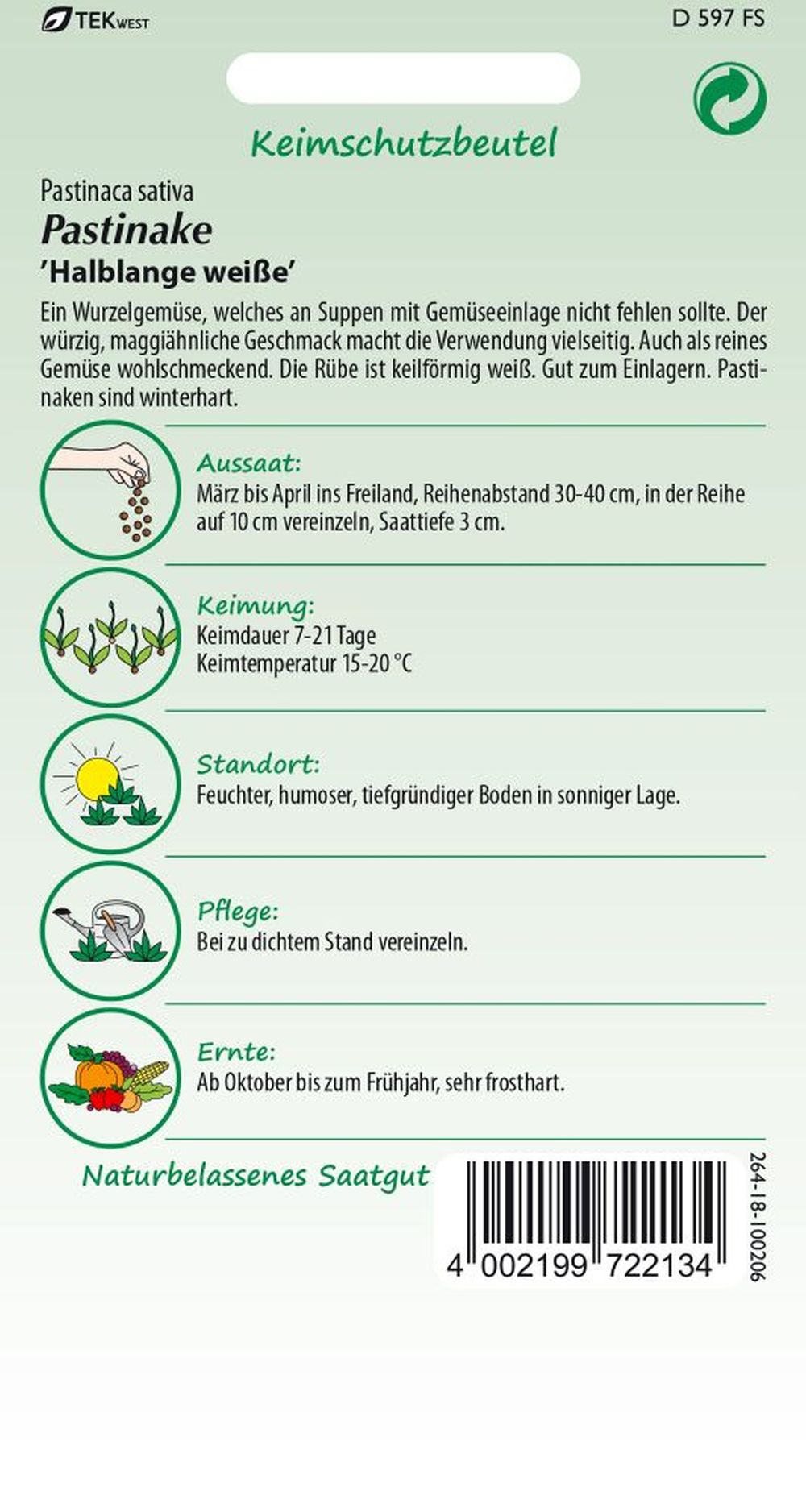 Rückseite der Verpackung des Saatgutes Pastinake, Halblange weiße der Firma Samen Pfann von ihrgartenberater.de