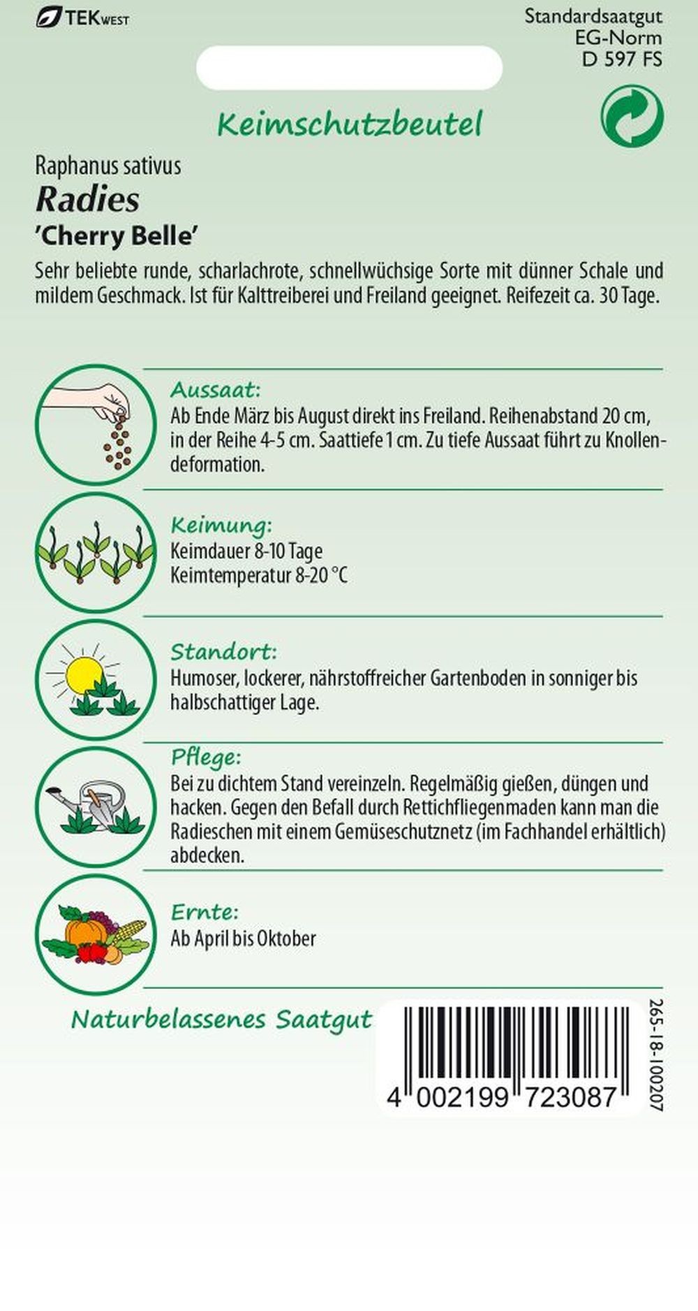 Rückseite der Verpackung des Saatgutes Radies, Cherry Belle der Firma Samen Pfann von ihrgartenberater.de