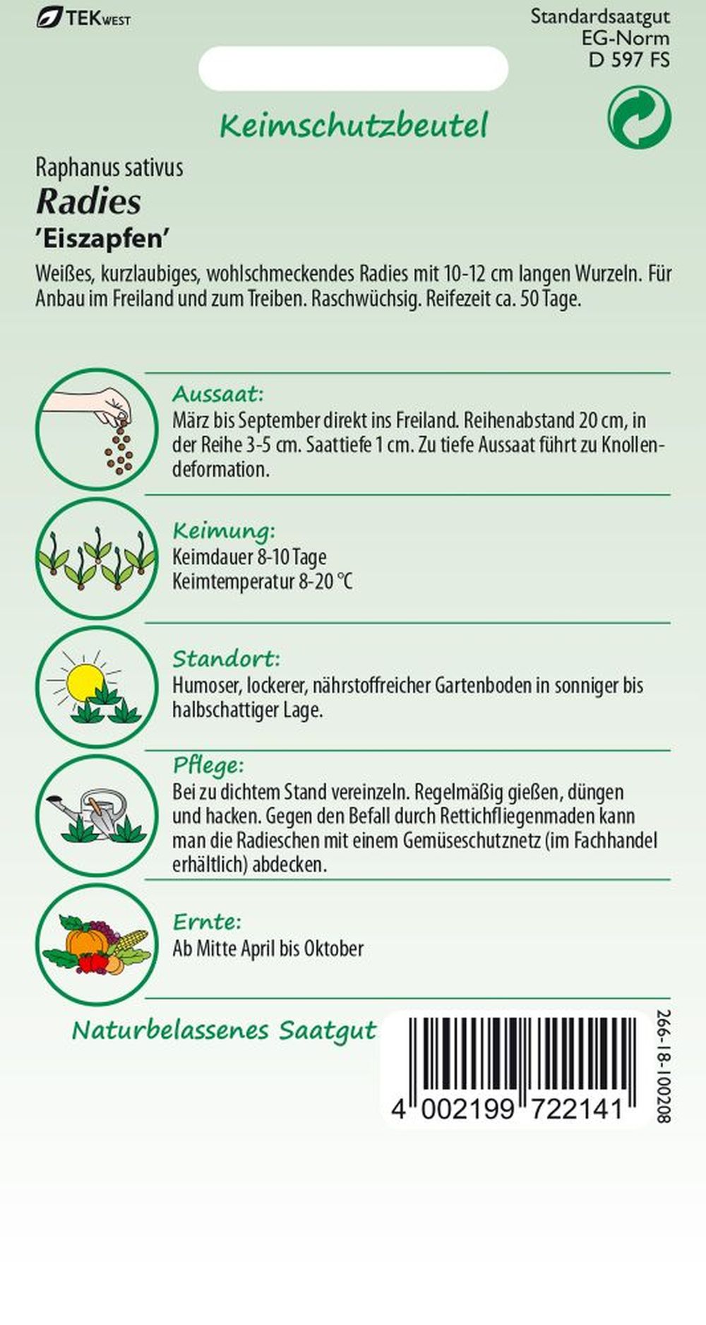 Rückseite der Verpackung des Saatgutes Radies, Eiszapfen der Firma Samen Pfann von ihrgartenberater.de